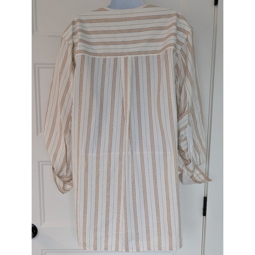 By Malene Birger Striped Ruched Sleeve Cotton Tunic Blouse White Tan Small 36 - Picture 11 of 13